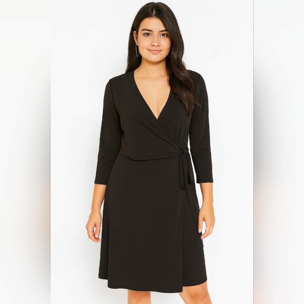 Sunny Leigh New Womens Large Pullover Elegant Black Wrap Top Dress Office Career